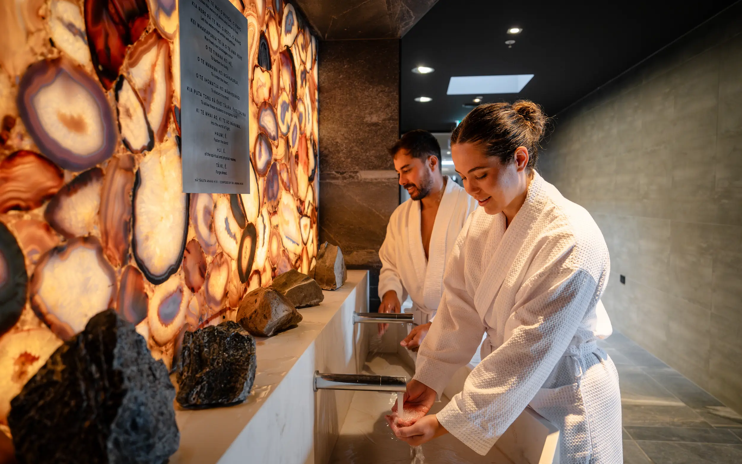 Guests completing the closing karakia water ritual at the conclusion of the Wai Whakaora Restorative Journey at Wai Ariki Hot Springs and Spa.