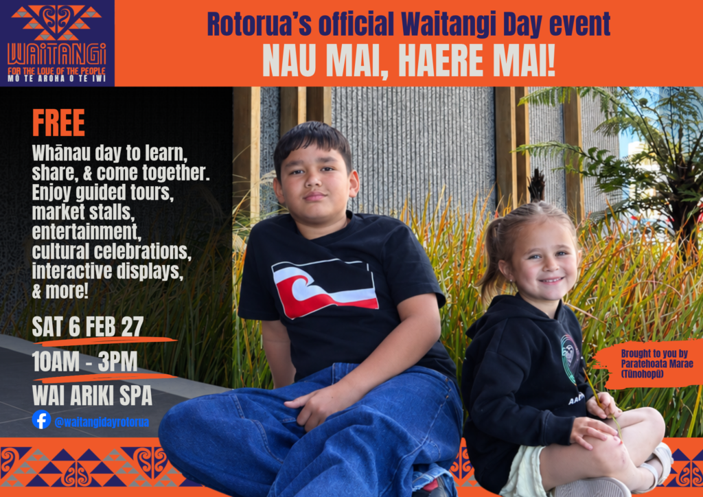 Waitangi Day Rotorua 2027 event poster featuring two children seated outdoors at Wai Ariki Spa. Free whānau event on Saturday 6 February, 10am to 3pm, with guided tours, market stalls, entertainment, cultural celebrations and interactive displays.